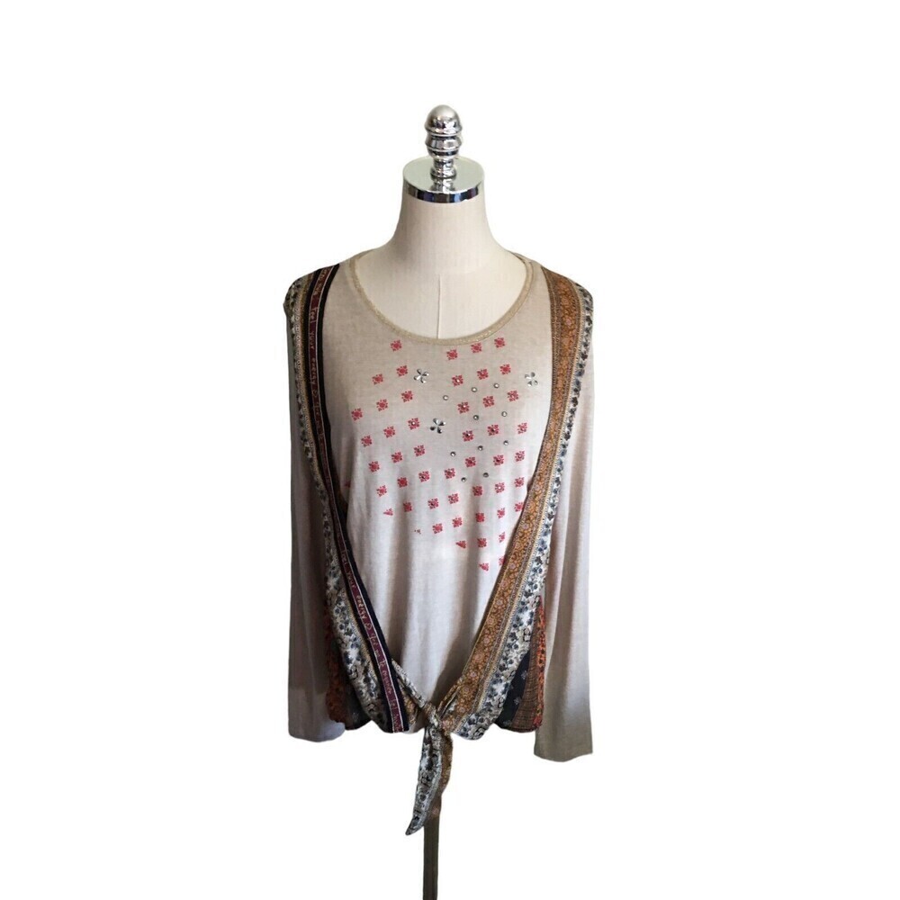 Desigual Top Women's Size Medium Beige Multi Color Floral Mixed Media - Picture 1 of 7